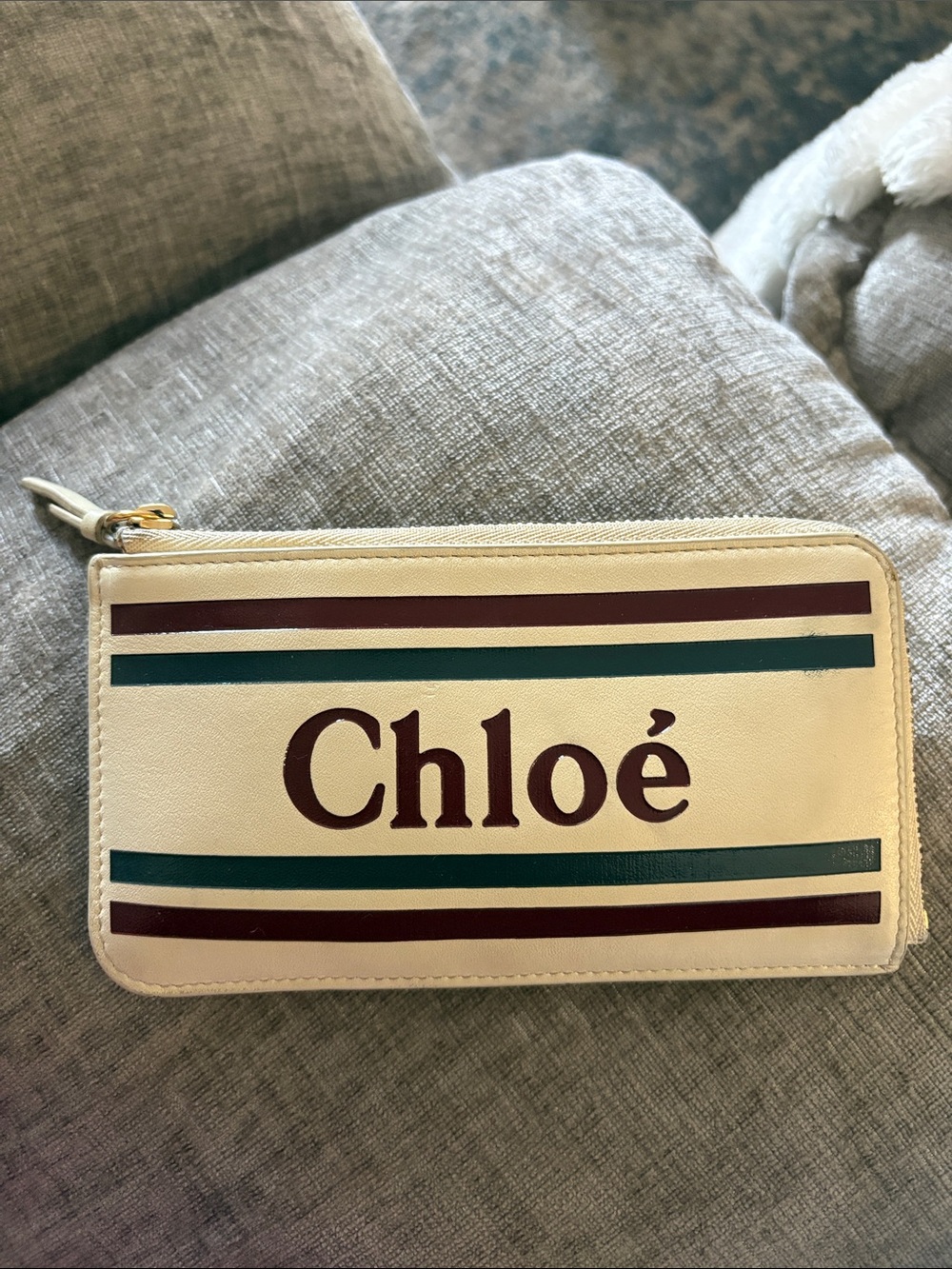 Cream Zip Wallet with Burgundy and Teal Stripes